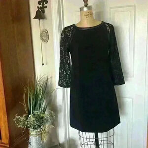 London Times Black Cocktail Dress w/ Lace  Sleeves.